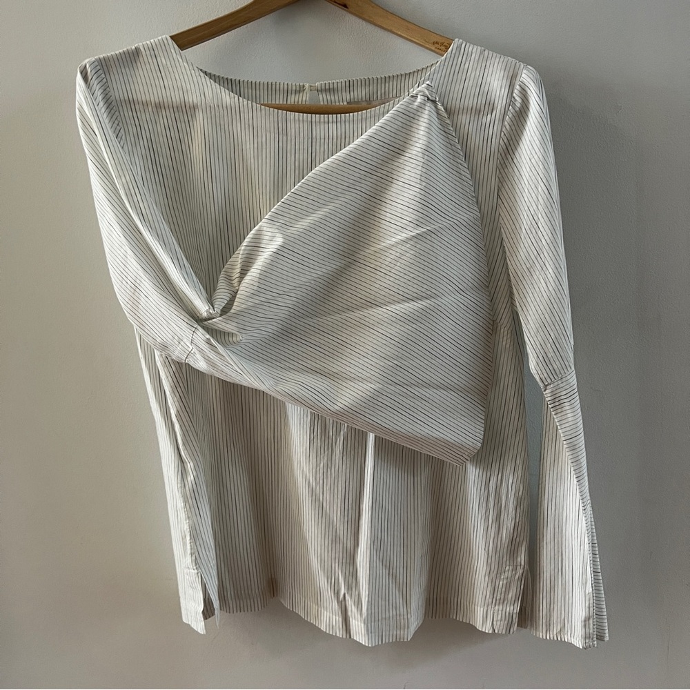 Wide Flowy Bell Sleeve Blouse Cotton Pinstripe Boat Neck Dramatic Cotton Top